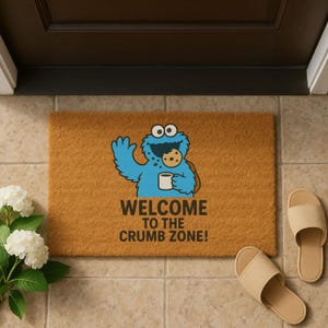 Felpudo divertido con forma de galleta y migas – Felpudo de bienvenida con un adorable monstruo azul – Alfombra de entrada original para amantes de las galletas y niños