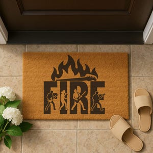 Rock Band FIRE Doormat – Flame Guitar Welcome Mat – Cool Coir Rug for Music Lovers & Entryway Decor – Rock and Roll Home Gift