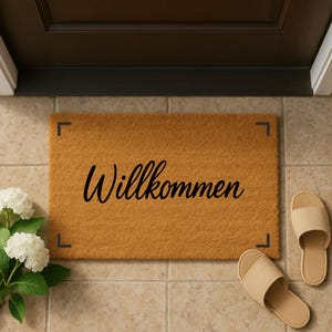 Felpudo de fibra de coco con letras impresas de Wilkommen, ideal para entrada, regalo para papá y mamá, dormitorio.