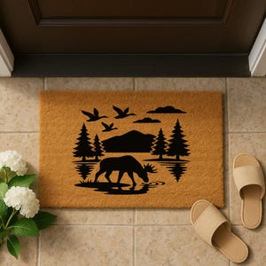 Rustic Welcome Doormat: Moose, Trees & Mountains - Personalized Cabin Decor