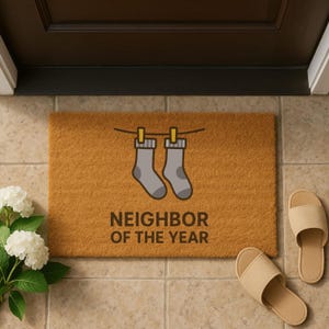 Funny Doormat – Neighbor of the Year Mat, Sock Design Welcome Mat, Gag Gift for Neighbor, Quirky Entry Rug, Housewarming Gift Idea