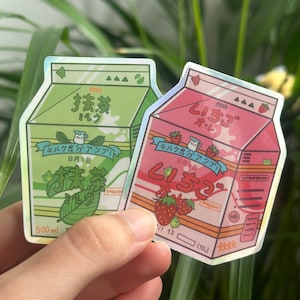 Adesivo latte alla fragola / Adesivo in vinile olografico latte alla fragola e latte matcha / adesivi con illustrazioni kawaii / Adesivo super resistente