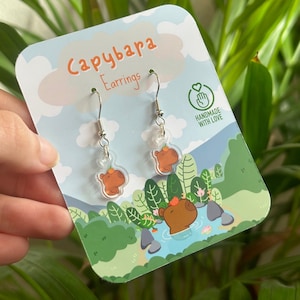 Adorable Kawaii capybara Acrylic Earrings Handcrafted, Exclusive Design / capybara loves gift / quirky earrings / drop earrings imagen 1