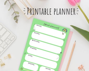 Printable green planner kawaii frog design / days of the week / Print it out over and over again!