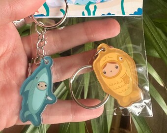 Smiling Shark Defender & Fish Friend Illustrated and Holographic Stickers Included, adorable keychains , Exclusive Ocean Charm Keychain Set