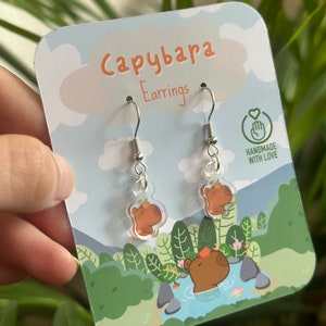 Adorable Kawaii capybara Acrylic Earrings Handcrafted, Exclusive Design / capybara loves gift / quirky earrings / drop earrings imagen 5