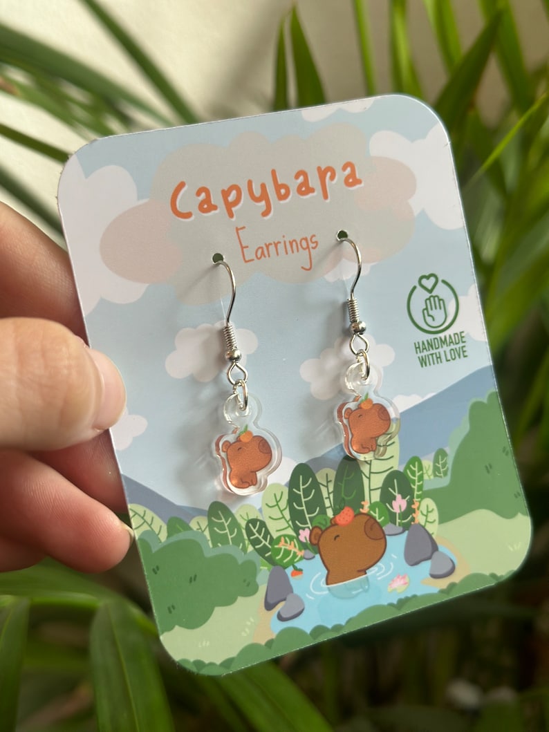 Adorable Kawaii capybara Acrylic Earrings Handcrafted, Exclusive Design / capybara loves gift / quirky earrings / drop earrings imagen 5