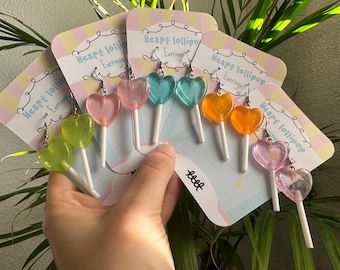 Kawaii Heart Lollipop Dangle Earrings – Fun Hypoallergenic Statement Jewelry
