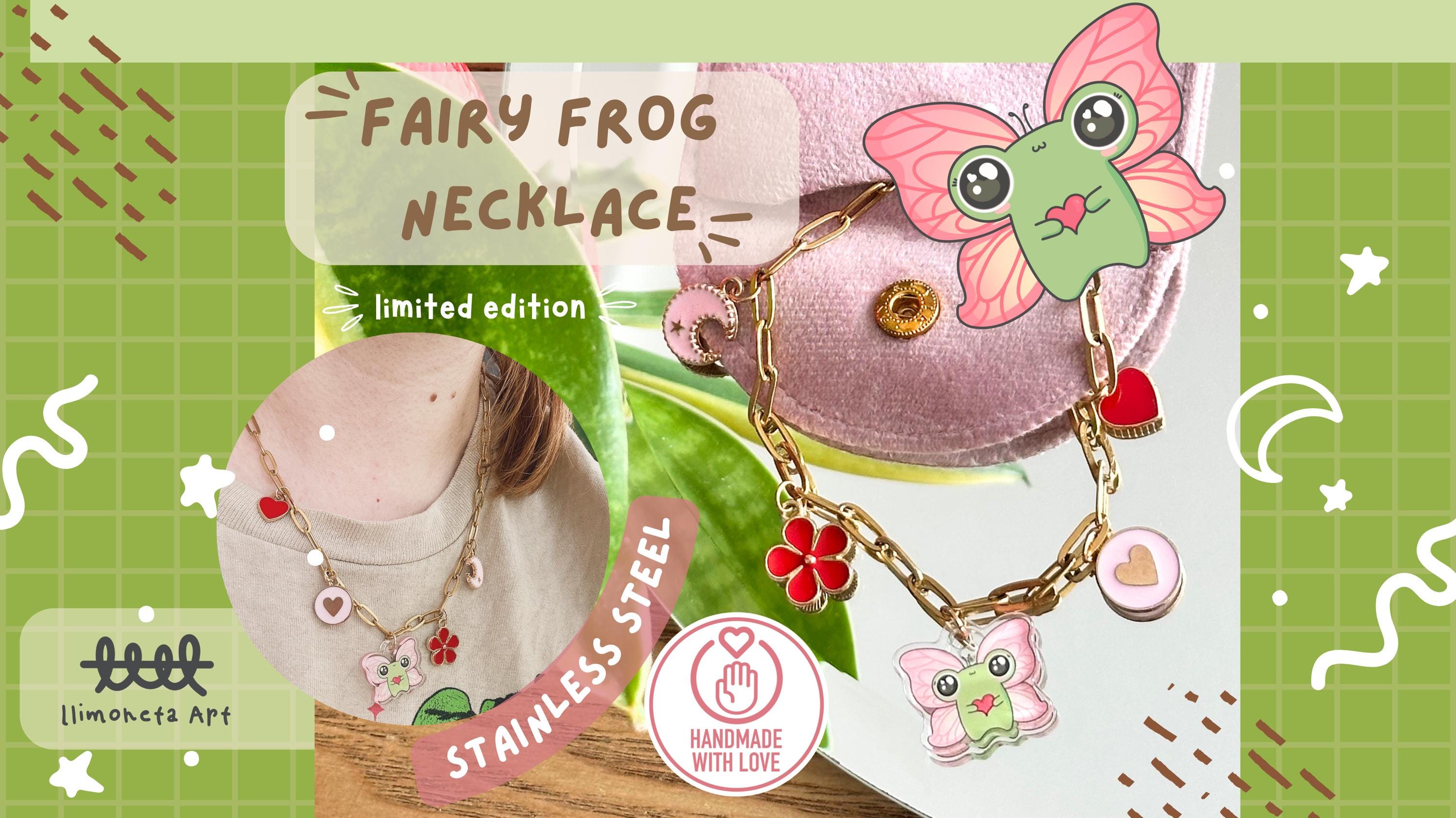 Kawaii charms gold necklace ~ Handmade stainless steel ~ With bag perfect for a gift- Fairy frog limited edition illustration charm