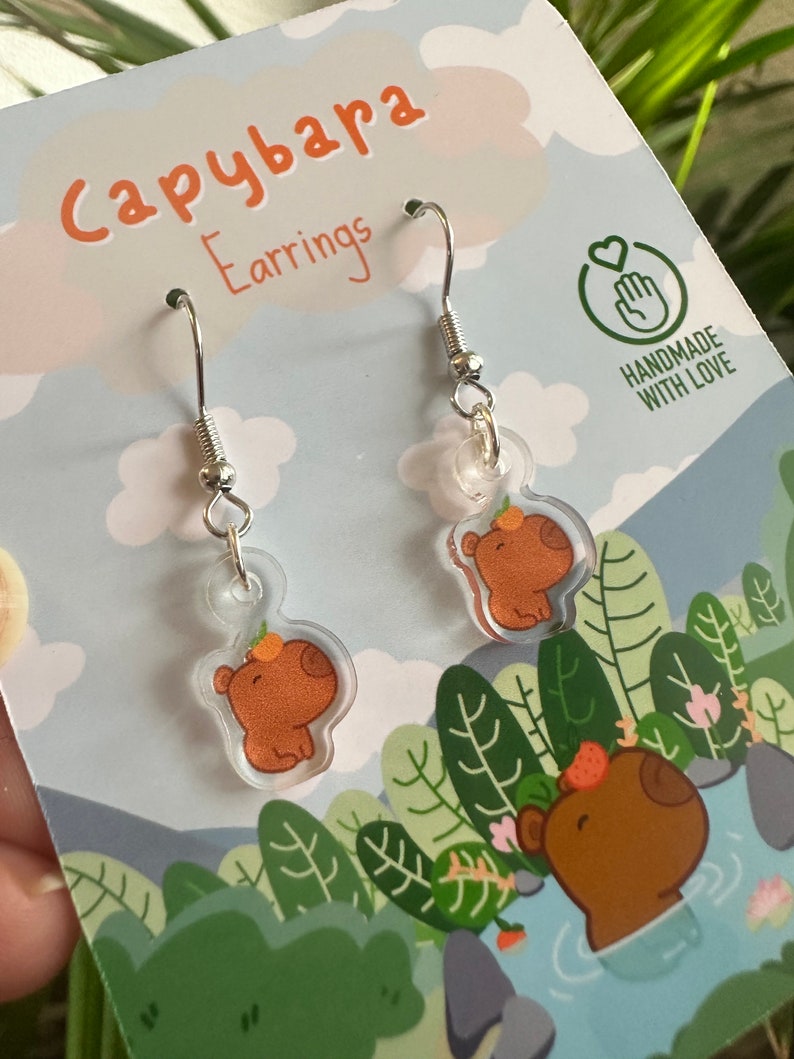 Adorable Kawaii capybara Acrylic Earrings Handcrafted, Exclusive Design / capybara loves gift / quirky earrings / drop earrings imagen 3