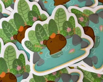 Capybara Bath Vinyl Sticker – Kawaii Illustration - Gift Bundle Option