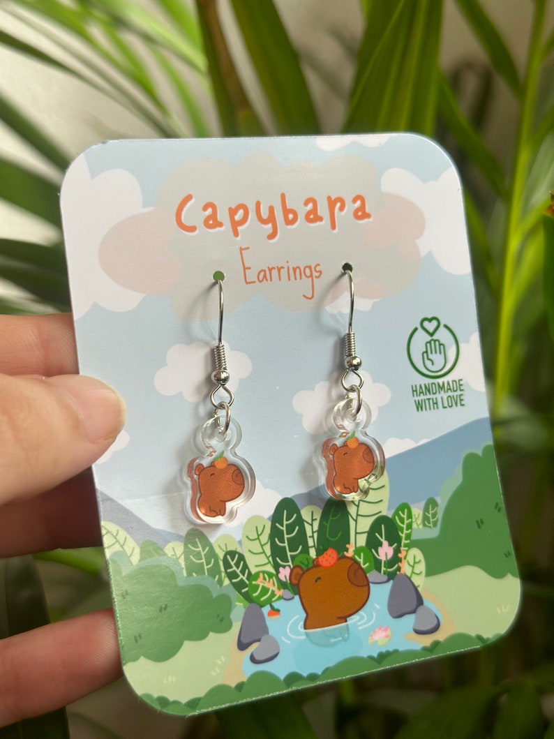 Adorable Kawaii capybara Acrylic Earrings Handcrafted, Exclusive Design / capybara loves gift / quirky earrings / drop earrings imagen 2