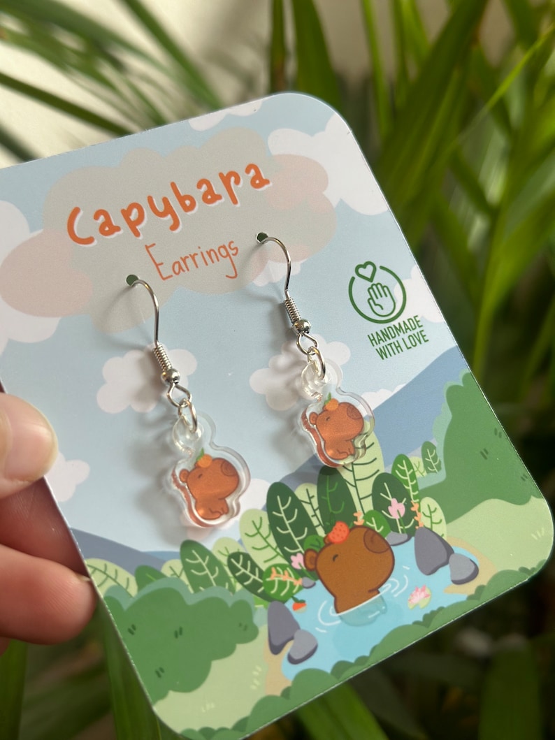 Adorable Kawaii capybara Acrylic Earrings Handcrafted, Exclusive Design / capybara loves gift / quirky earrings / drop earrings imagen 4