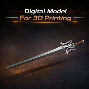 Può includere: Una spada d'argento con un'impugnatura marrone e una guardia ornata. Il testo "Digital Model For 3D Printing" è visualizzato in bianco e arancione. La spada ha una lama lunga e appuntita e un'elsa dettagliata.