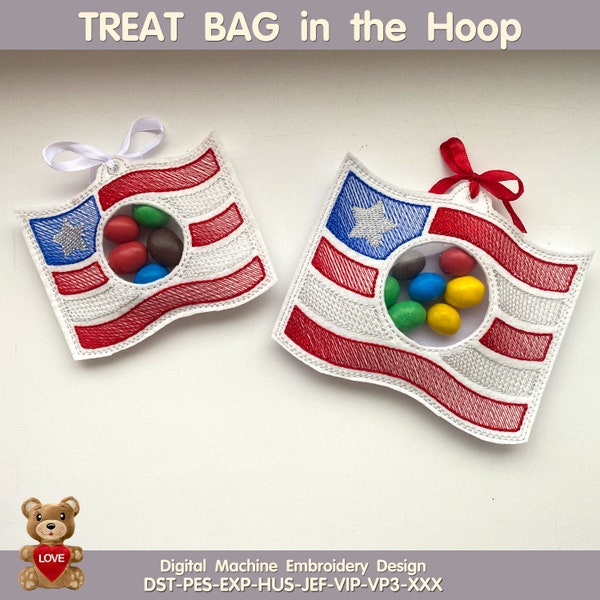 In The Hoop Machine Embroidery design ITH Peekabo Bag American Flag USA Patriotic 4th of July Treat Bag ITH Pattern. Included 5 sizes!