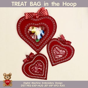 In The Hoop Machine Embroidery design ITH Peekabo Heart Treat Bag  Valentine’s Day Treat Bag Set of 3 designs ITH Pattern. Included 5 sizes!