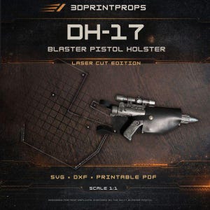 Peut inclure: Un kit d'étui pour pistolet blaster DH-17 édition découpe laser comprenant un étui en similicuir noir, un accessoire blaster métallique et un gabarit à grille. Le texte inclut 3DPRINTPROPS, DH-17 BLASTER PISTOL HOLSTER, LASER CUT EDITION, SVG, DXF, PRINTABLE PDF, SCALE 1:1.