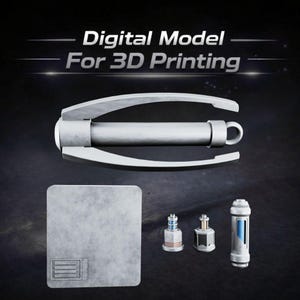 May include: A digital 3D model for printing, featuring a silver clamp-like tool with a cylindrical body and a handle. Also includes a square panel with a recessed design and three smaller cylindrical objects. The text "Digital Model For 3D Printing" is at the top.