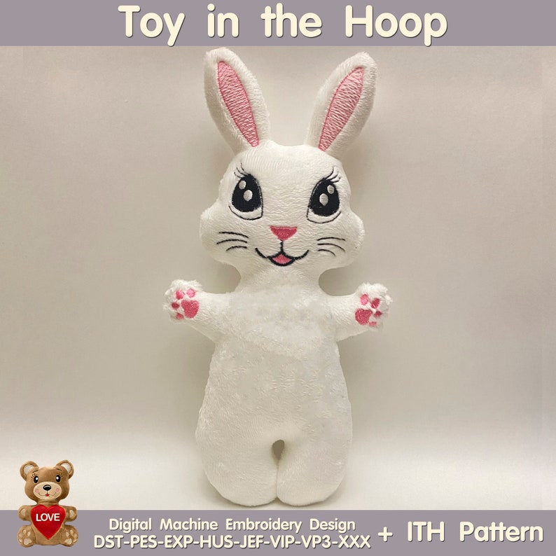 Bunny zacht stuk speelgoed digitaal ontwerp voor machineborduurwerk ITH-patroon. Inclusief 3 maten afbeelding 1