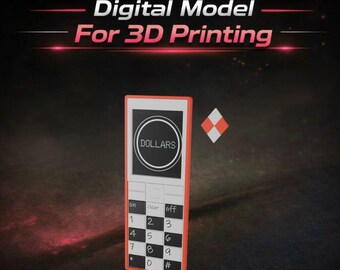 Op de afbeelding: Digitaal model van een retro-stijl mobiele telefoon met een oranje frame en een zwart-wit toetsenbord. Het scherm toont het woord "DOLLARS" in een zwarte cirkel. De tekst "Digital Model For 3D Printing" staat bovenaan.