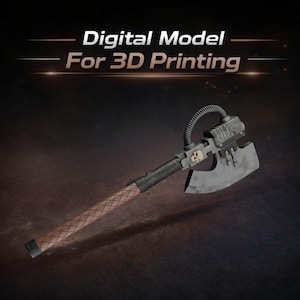 May include: A digital model for 3D printing of a battle axe. The axe head is gray, with a skull emblem. The handle is wrapped in brown leather with a diamond pattern. The text "Digital Model For 3D Printing" is at the top.