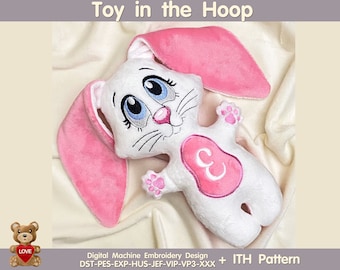 Fluffy Bunny Rabbit Cute Soft Plushie Toy in the Hoop Digital Design for Machine Embroidery + ITH Pattern. Included 3 sizes!