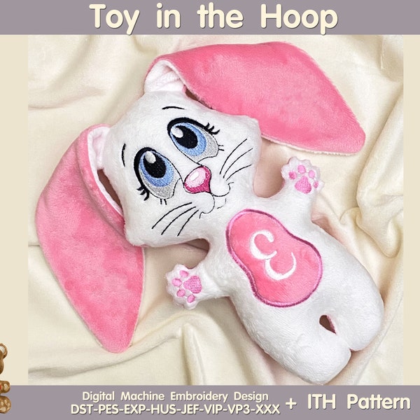 Fluffy Bunny Rabbit Cute Soft Plushie Toy in the Hoop Digital Design for Machine Embroidery + ITH Pattern. Included 3 sizes!