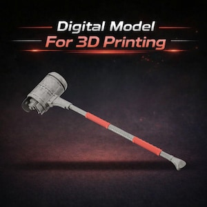 Puede incluir: Un martillo gris impreso en 3D con un agarre rojo. La cabeza del martillo tiene elementos mecánicos detallados. El texto "Digital Model For 3D Printing" se muestra en la parte superior. El fondo es oscuro con reflejos rojos.