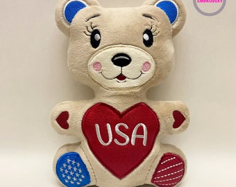 In The Hoop Machine Embroidery design ITH USA 4th of July American Bear patriotic toy soft stuffed in the Hoop ITH Pattern. Included 3sizes!