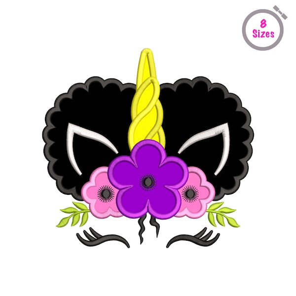 Geburtstag Einhorn Gesicht Afro Einhorn mit Blumen Afro puffs Mädchen Afro puffs Digital Design Applikation für Maschinenstickerei. Inklusive 8 Größen!