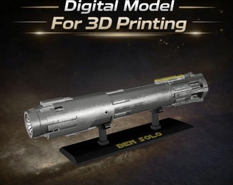 May include: A silver lightsaber model for 3D printing, displayed on a black stand. The stand reads "BEN SOLO" in gold lettering. The image also includes the text "Digital Model For 3D Printing" in white.