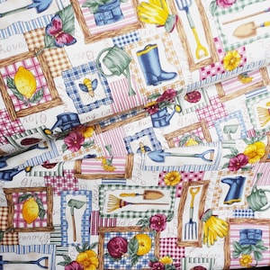 Vintage Cotton Fabric, Garden Lovers Print On An Ivory Background, Hoffman Cotton Fabric