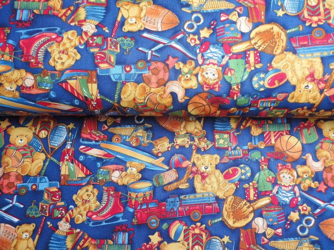 Teddy Bears and Toys Cotton Fabric on A Dark Blue Background Etsy