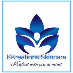 May include: A blue stylized flower logo with a white silhouette of a person inside. The text "KKreations Skincare" is below the logo, and the text "Krafted with you in mind" is below that.