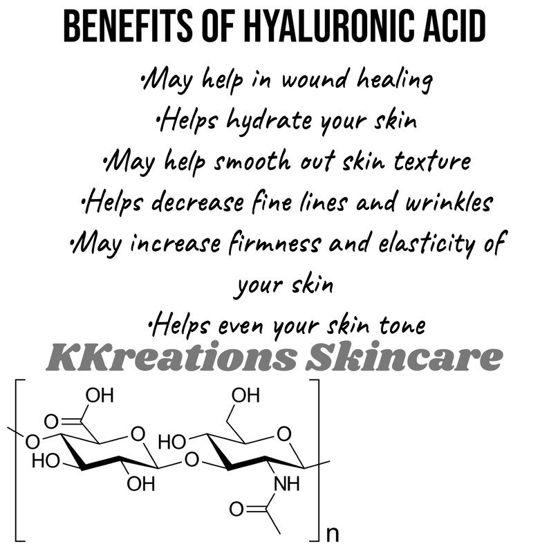 May include: A black and white illustration of a hyaluronic acid molecule with the text "BENEFITS OF HYALURONIC ACID" and a list of benefits, including "May help in wound healing", "Helps hydrate your skin", "May help smooth out skin texture", "Helps decrease fine lines and wrinkles", "May increase firmness and elasticity of your skin", and "Helps even your skin tone". The text "KKreations Skincare" is also included in the image.