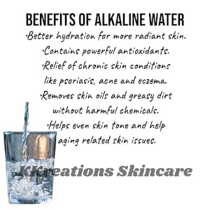 May include: A glass of water being poured into a clear glass. The text reads "BENEFITS OF ALKALINE WATER" and lists benefits for skin health, including hydration, antioxidants, and relief from skin conditions. The text also mentions "KKreations Skincare".