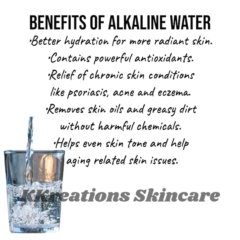 May include: A glass of water being poured into a clear glass. The text reads "BENEFITS OF ALKALINE WATER" and lists benefits for skin health, including hydration, antioxidants, and relief from skin conditions. The text also mentions "KKreations Skincare".