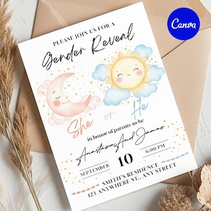 Pode incluir: Um convite de revelação de género com um design fantasioso. O cartão apresenta um sol e uma lua sorrindo, com o texto "She or He". Os detalhes incluem os nomes dos pais, data, hora e endereço. O logotipo Canva é visível.