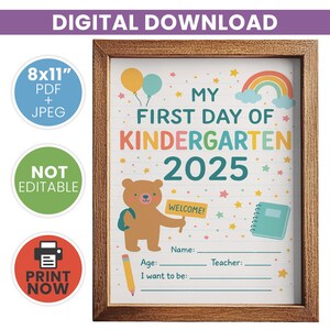 Erster Tag im Kindergarten druckbares Schild, Erster Tag Vorschule, Back to School Schild, sofortiger digitaler Download, Back to School Fotorequisite