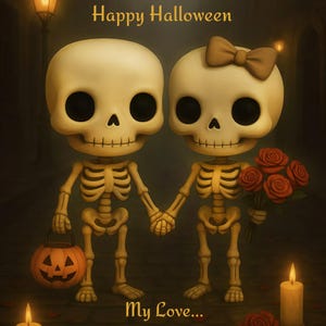 May include: A Halloween-themed illustration featuring two cartoon skeletons holding hands. One skeleton carries a jack-o'-lantern, the other holds red roses. The image includes the text "Happy Halloween" and "My Love..."