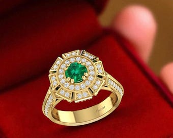 Victorian Emerald Diamond Ring, Engagement Ring, Gold Ring, Christmas Ring, Promise Ring, Lab grown Diamonds, Valentines Gift, Wedding Ring
