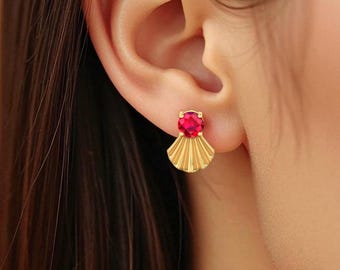 Pendientes de rubí, minimalistas, de oro de 14 quilates para mujer, elegantes joyas para el meñique, delicados pendientes de botón, pendientes navideños, regalos para el primer aniversario.