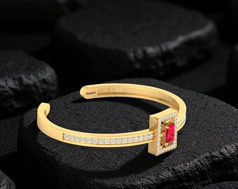 Ruby Bangle Bracelet for Women, 14K Gold Cuff Bracelet, pinky Jewelry, Dainty Diamond Bracelet, July Birthstone Gift for Her, 925 Silver