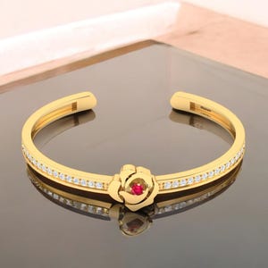 Ruby Bangle Bracelet, 14k Gold Bracelet, Love Bracelet, Christmas Cuff Bracelet, Promise Bracelet, Birthday Gift, 1st Anniversary Gift Wife