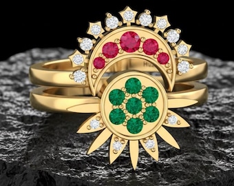 Diamanten zon en maan paar ring, 14k gouden hemelring, Ruby Emerald statement ring, unieke astrologie sieraden, boho cadeau voor vrouwen