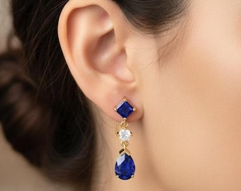 Royal Blue Sapphire Drop Earrings, Gold Earrings with Diamonds, Teardrop Sapphire Jewelry, September Birthstone, Halloween Gifts for Women