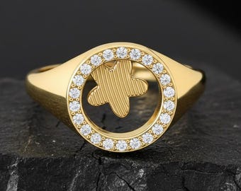 Anillo de sello de estrella de oro de 14 k para mujer, anillo minimalista de estrella, anillo llamativo, anillo circular de estrella con diamantes pavé, regalo de cumpleaños, joyería de boda