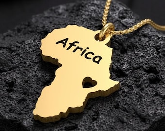 Africa Map Necklace, Gold Africa Pendant, Heart Jewelry, African Pride Necklace, Travel Gift, Personalized Africa Jewelry for Women & Men