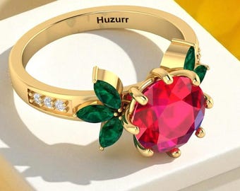 Ruby Emerald Flower Ring: Gold Plated Sterling Silver Birthstone