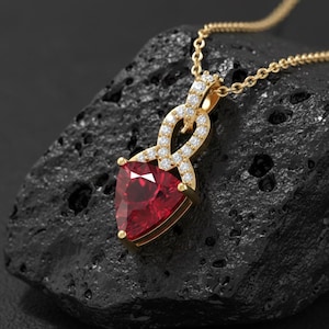 Trillion Cut Ruby Necklace, 14k Gold Diamond Pendant, Antique Style Necklace, Crystal Handmade Jewelry, Dainty Bridal Necklace, Gift for Her